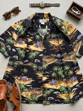 RJC Hawaii Men's Large Aloha Shirt Black Woody Van Surfboard Palm Tree Print 